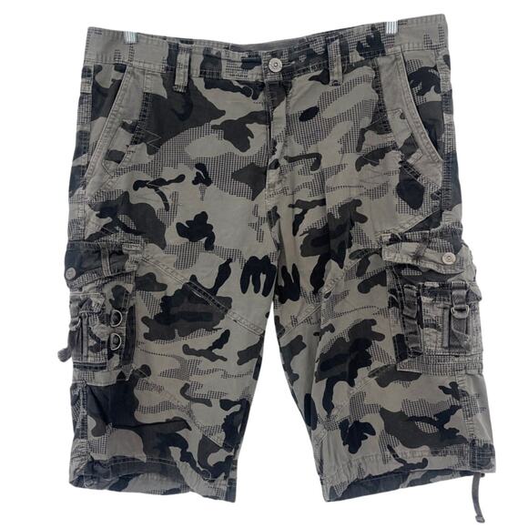 TwoGe Y2K Camo Cargo Mens Shorts Sz 38 Gray Skater Grunge Utility Pockets Street - Picture 1 of 11